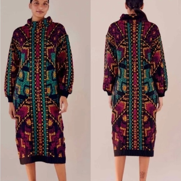 FARM Rio Dresses & Skirts - 🆕 Farm Rio Yawanawa Stripe Puff Sleeve Midi Sweater Dress Size XS